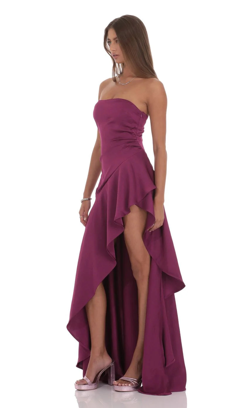 Satin High Low Maxi Dress in Plum