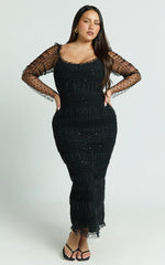 Evelyn Midi Dress Long Sleeve Shirred Tulle Dress in Black Polka