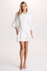 Mirna | Burgundy Crew-Neck Mini Dress With Bell Sleeves And Ruffled Detailing
