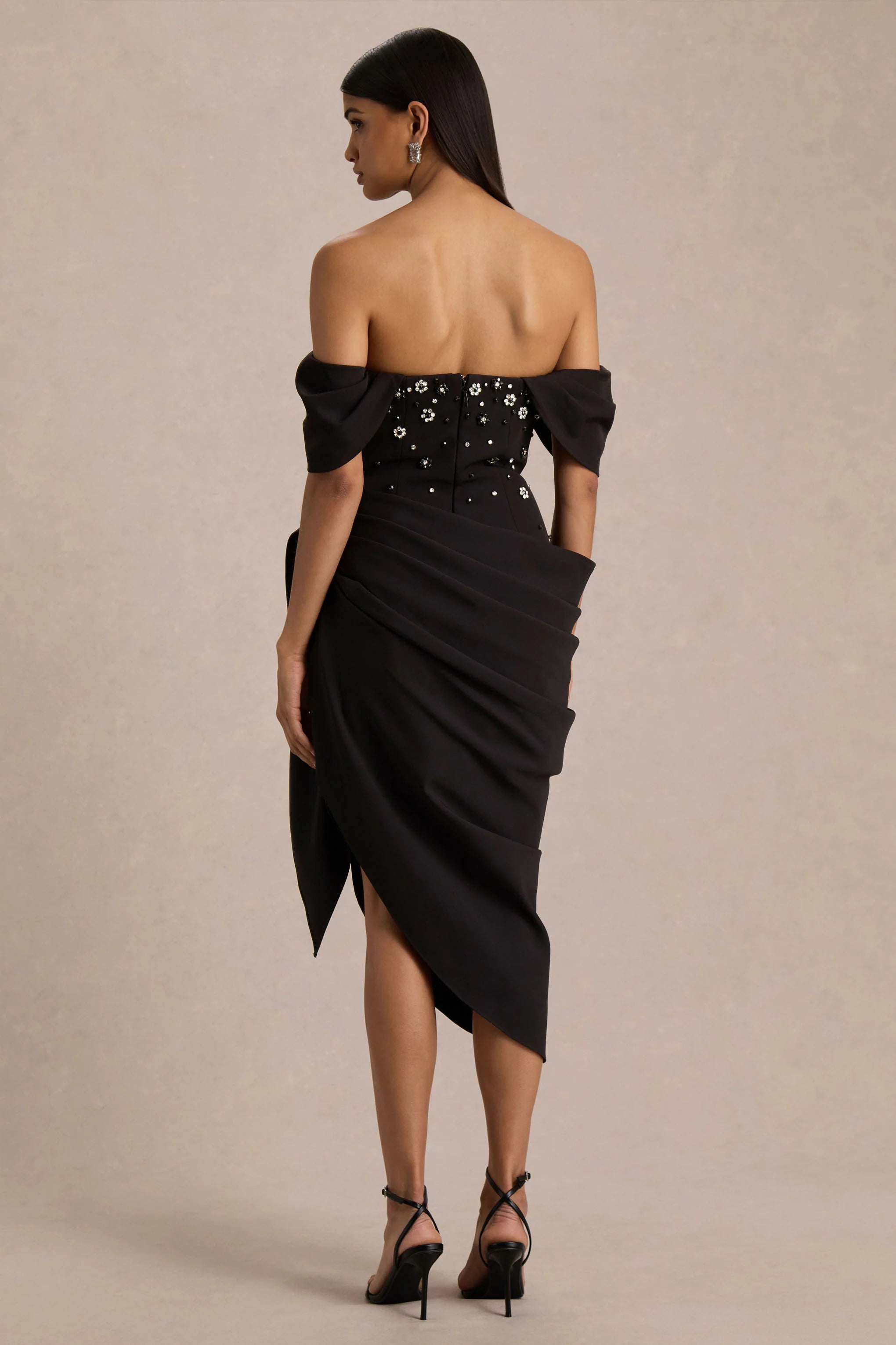 Sylvia | Black Hand-Embellished Bardot-Neck Midi Dress With Draped Satin-Wrap Skirt