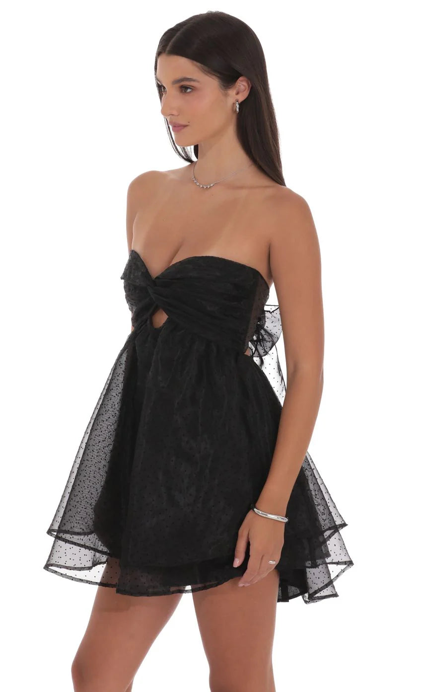 Dotted Cutout Babydoll Dress in Black