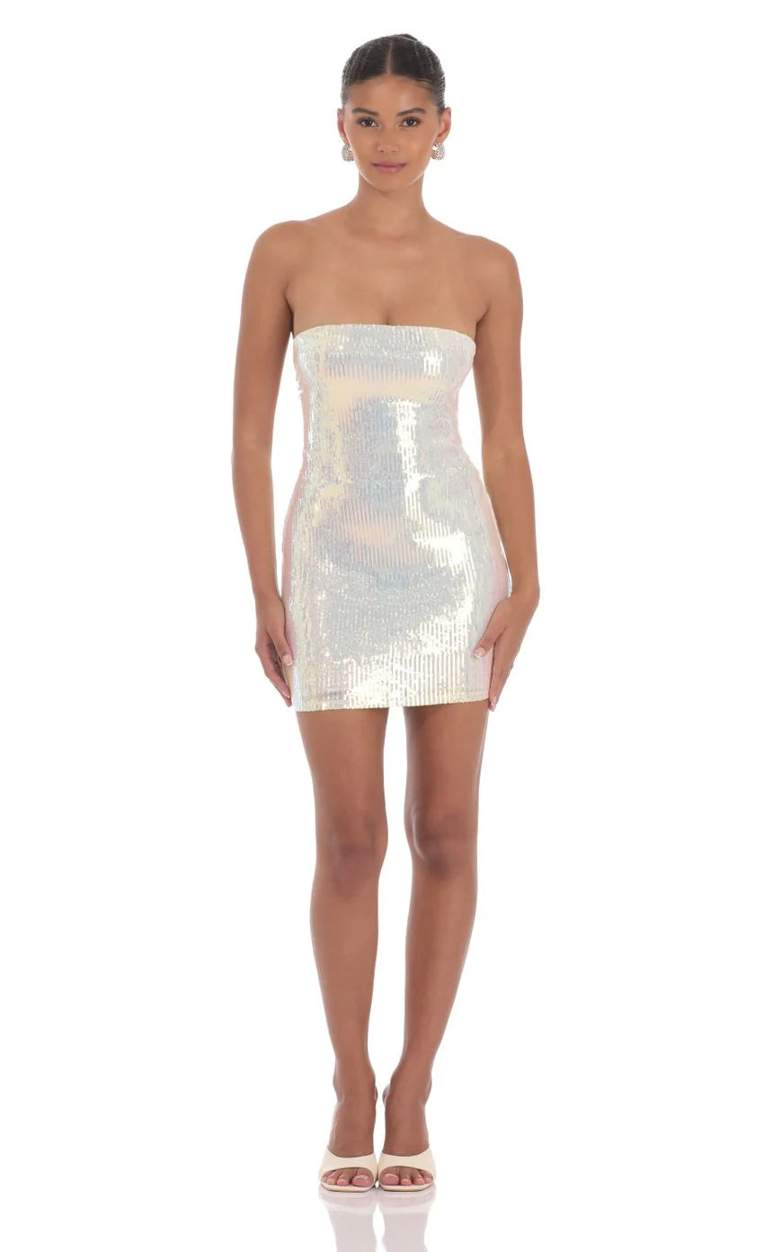 Iridescent Seqiun Strapless Bodycon Dress in Cream
