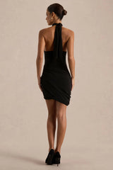 Briala | Black Halter-Neck Wrapped Mini Dress With Gold-Detail
