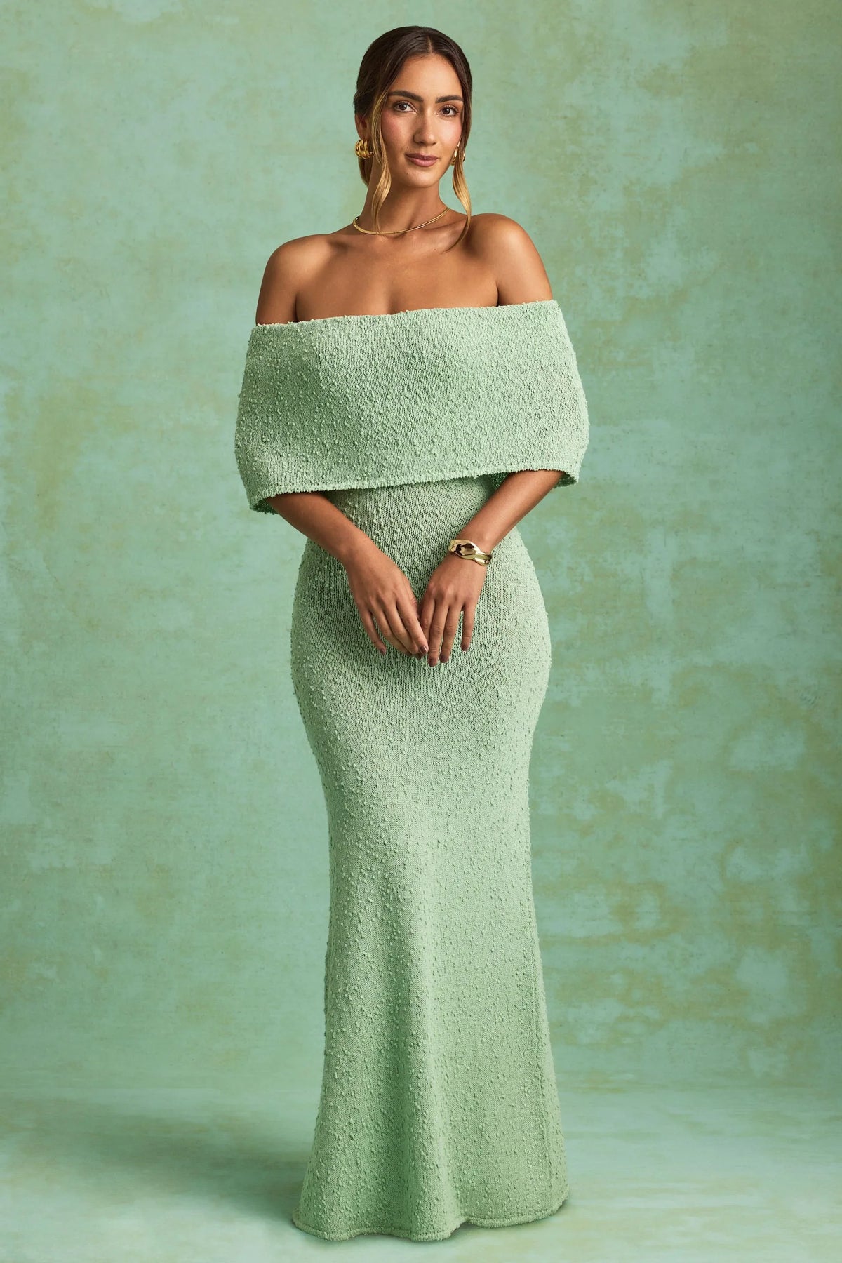 Bouclé Off-Shoulder Maxi Dress in Mint