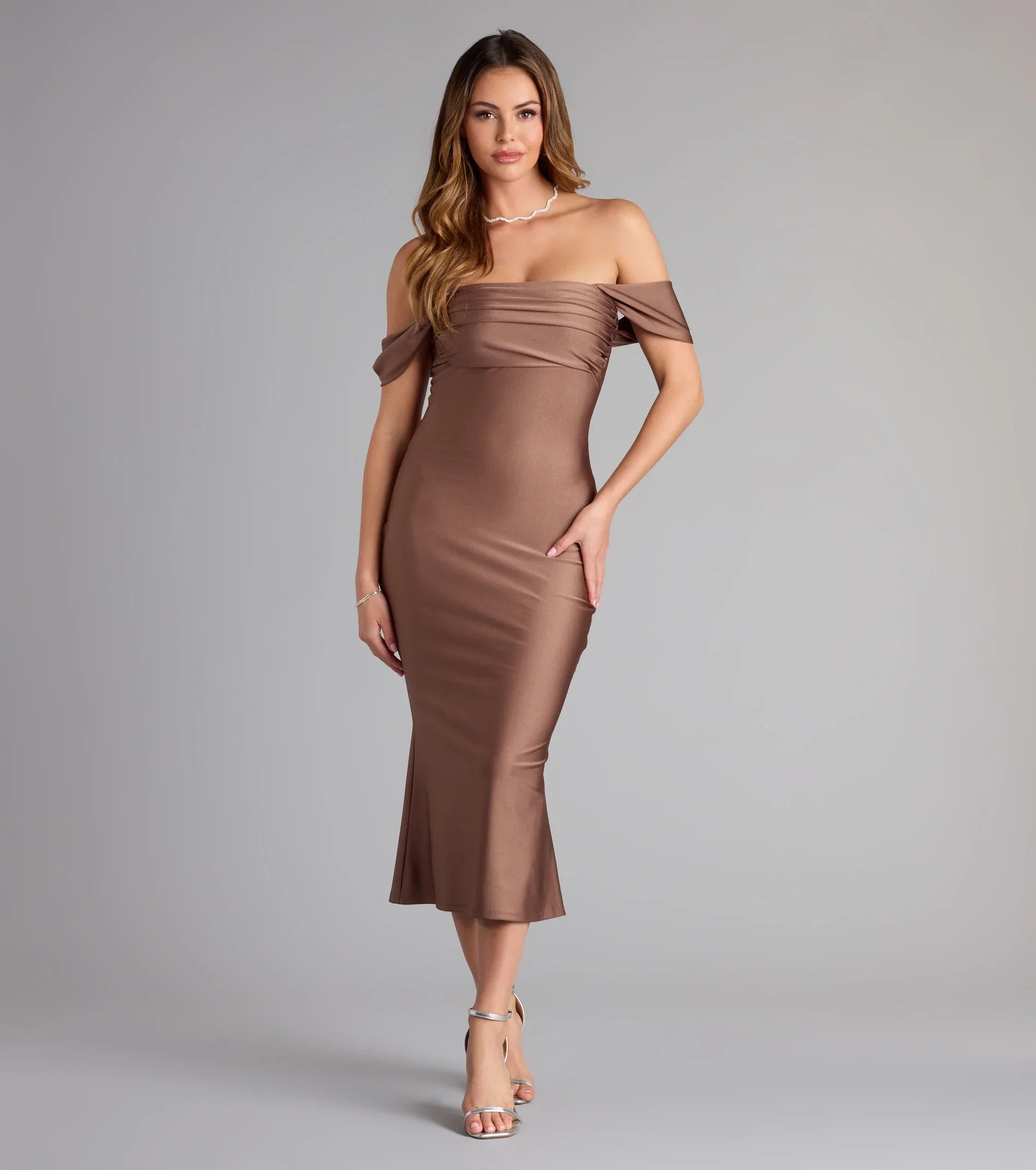 Exceptional Off-The-Shoulder Flared Midi Dress