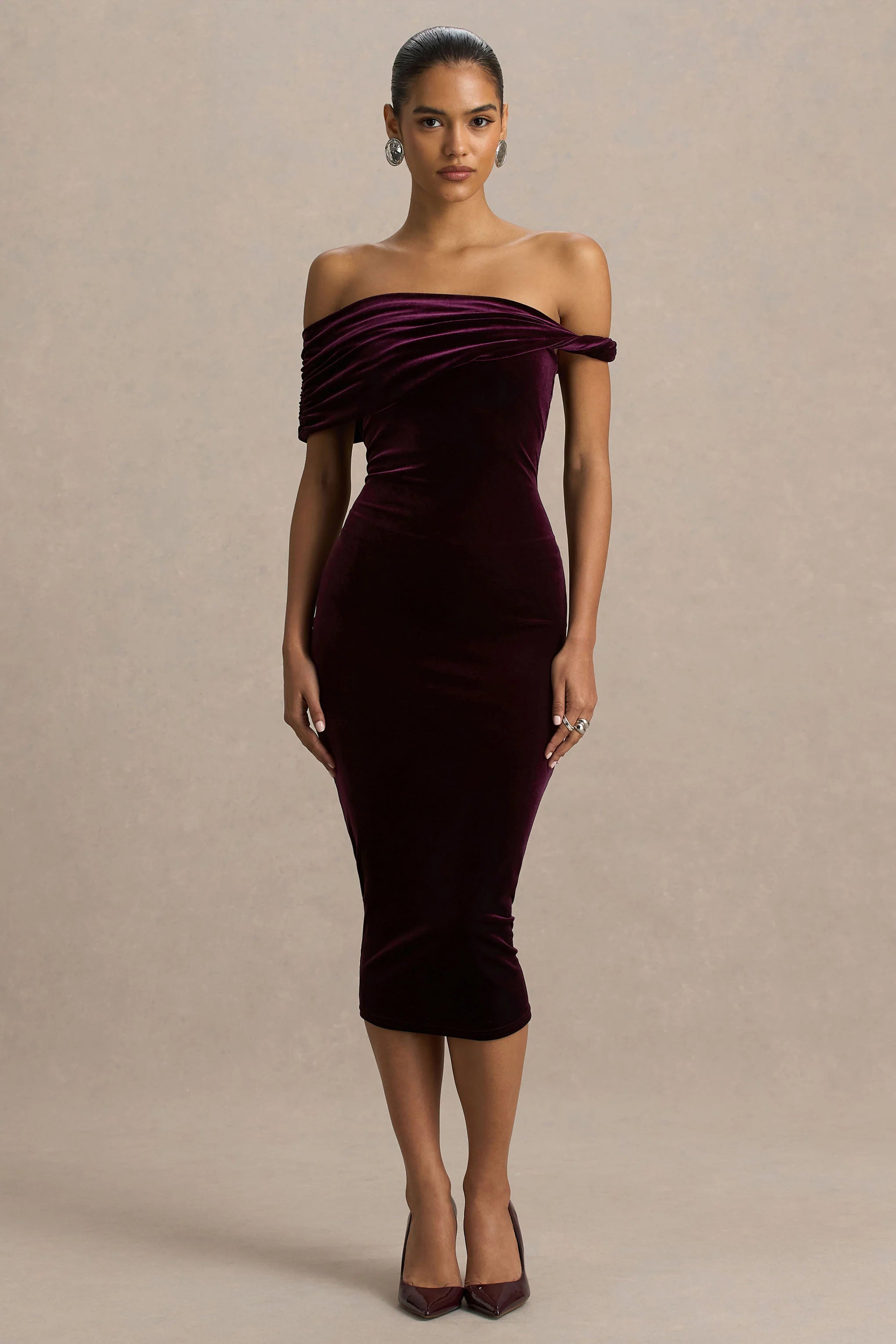 Billie | Burgundy Velvet Bardot-Neck Midi Dress With Twist-Sleeve