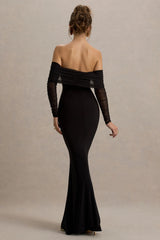 Madeleine | Black Fishtail Maxi Dress With Bardot Mesh Long Sleeves