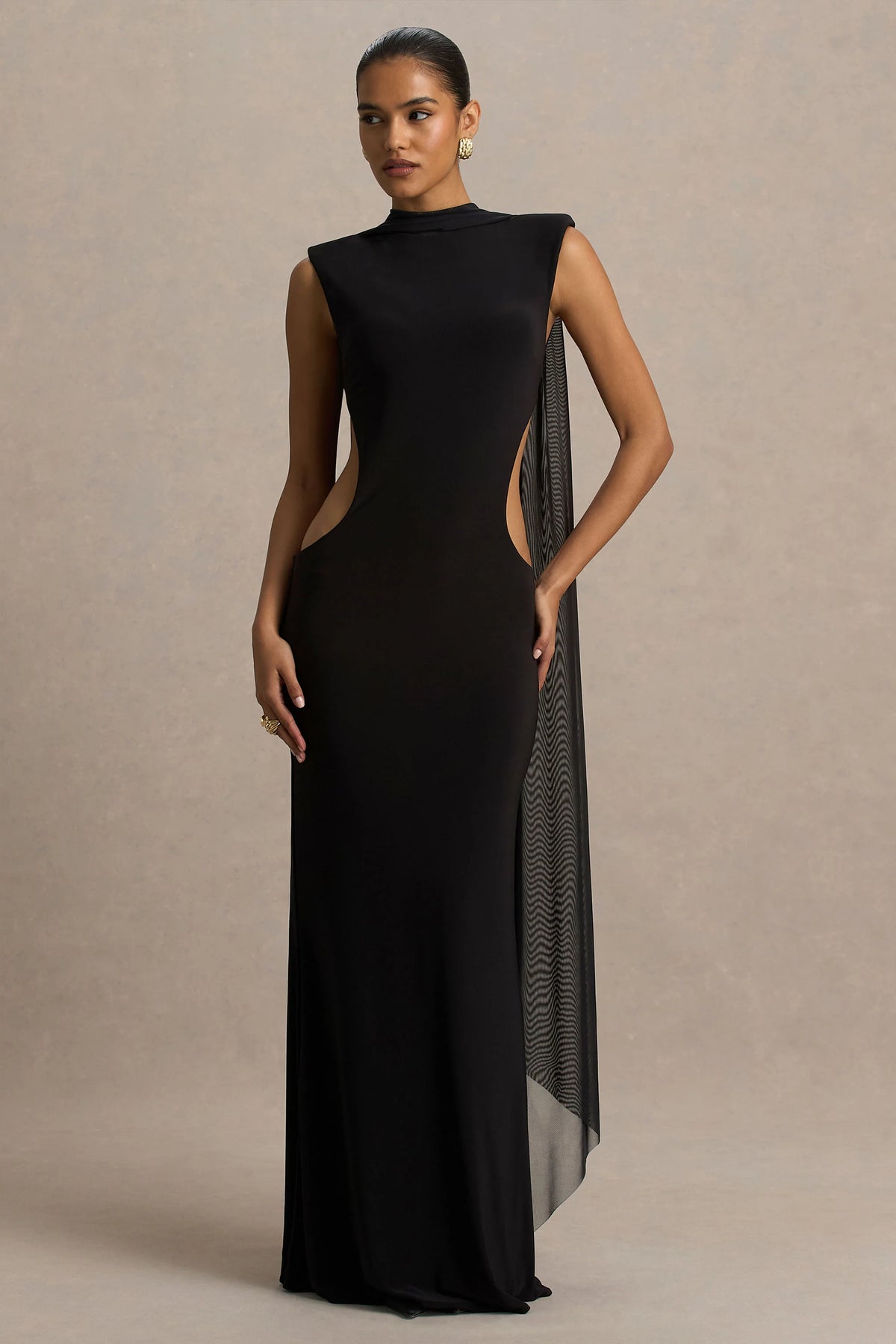 Katara | Black High-Neck Maxi Dress With Body Cut-Out Details