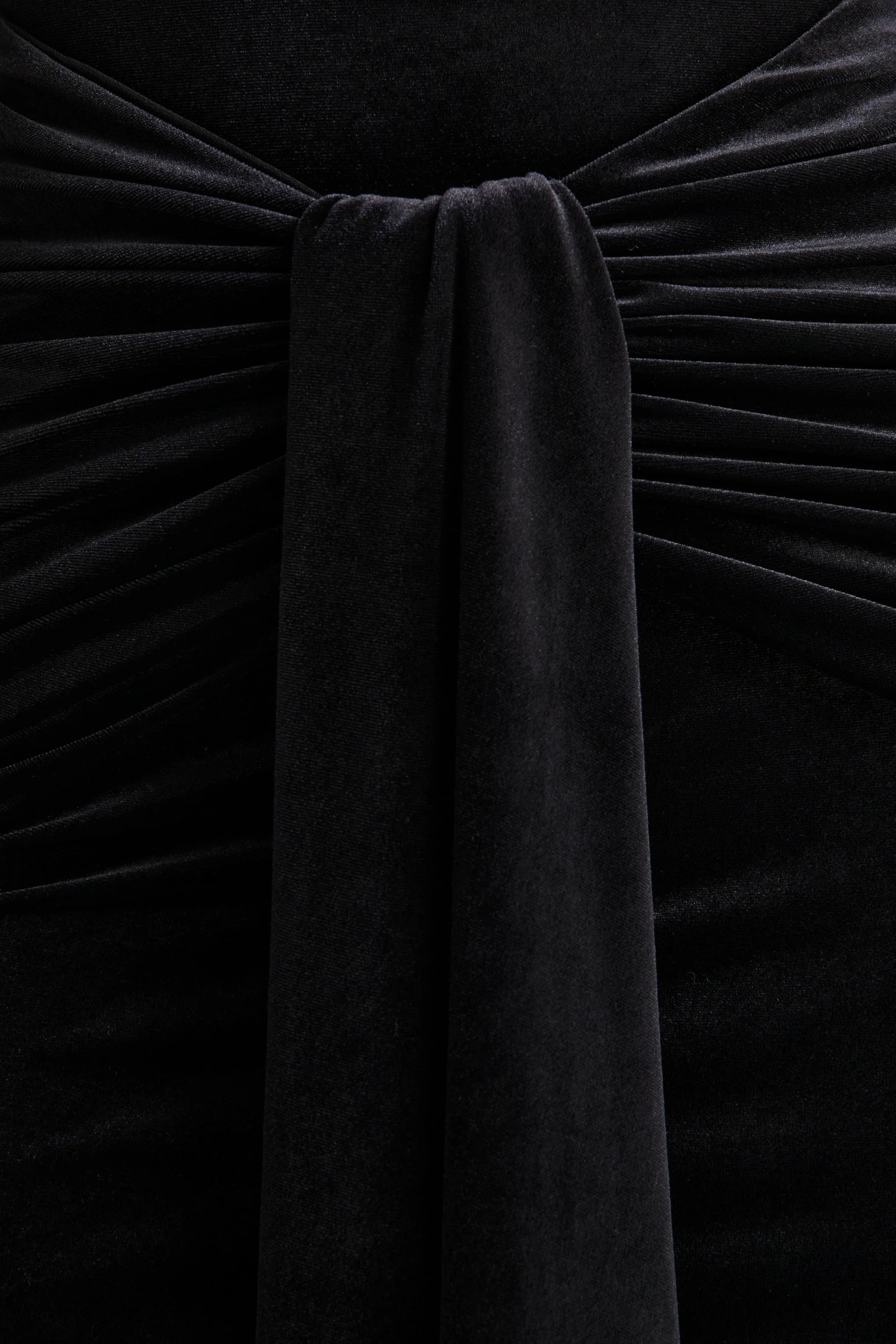 Idalina | Black Velvet High-Neck Maxi Dress With Gathered-Detailing