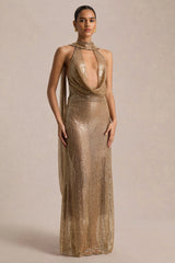 Anele | Gold Sequin High-Neck Maxi Dress With Sash And Open-Back