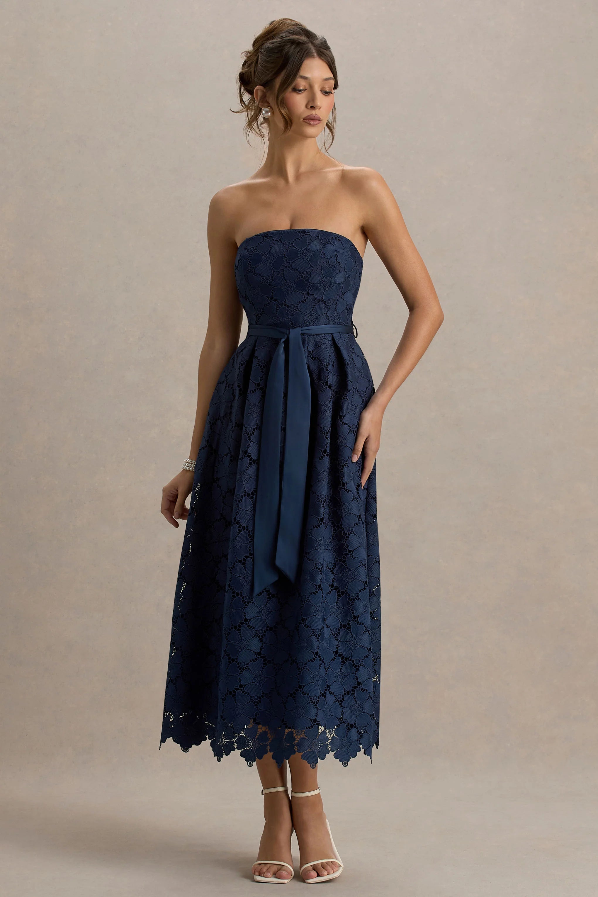 Shania | Navy Lace Bandeau Skater Midi Dress