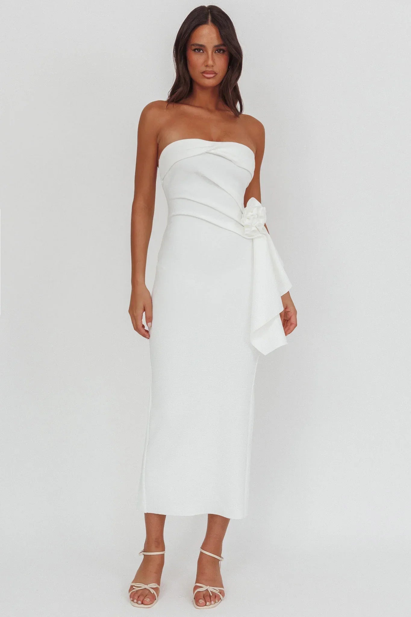 Sasha Cascade Ruffle Rosette Midi Dress White