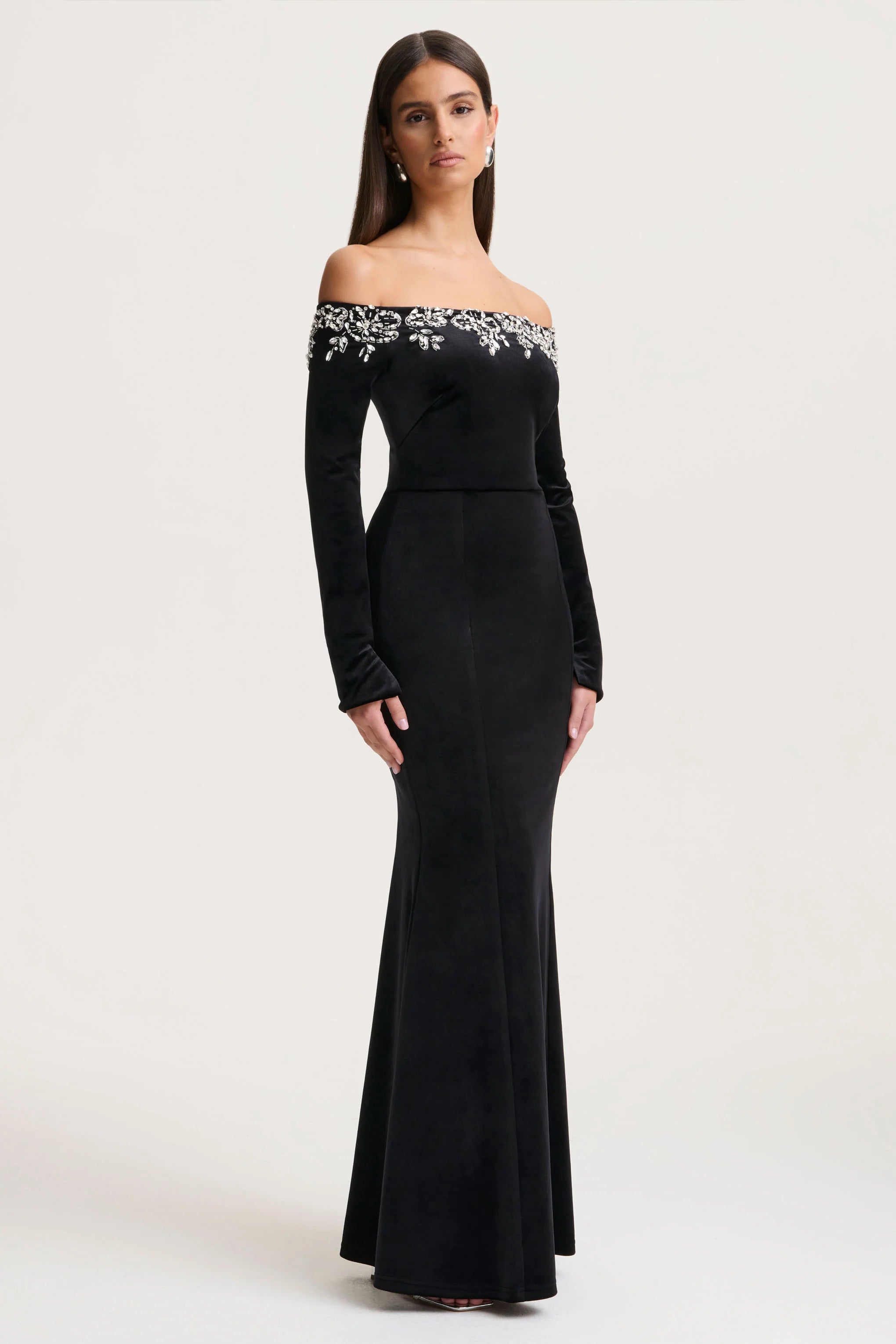 Fern | Black Velvet Embellished Bardot-Neck Maxi Dress