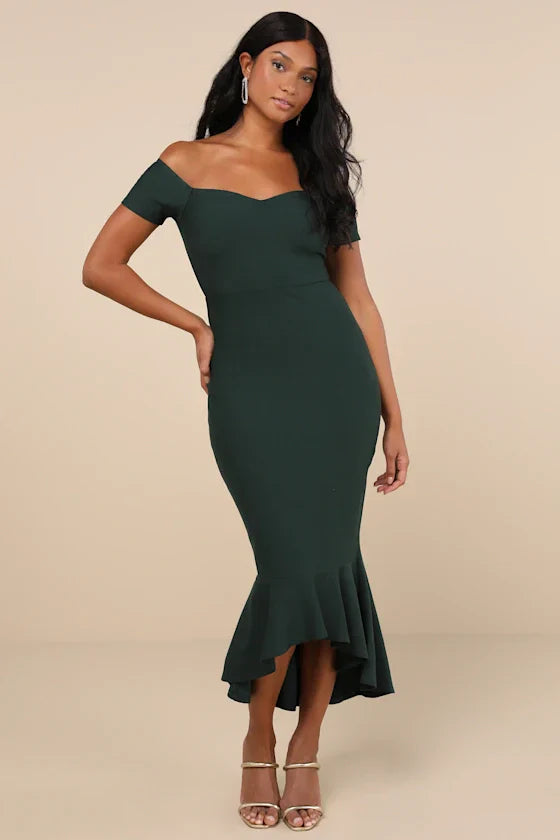 How Much I Care Dark Green Off-the-Shoulder Midi Dress