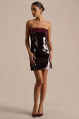 Casandra | Burgundy Sequin Bandeau Mini Dress With Satin Trim