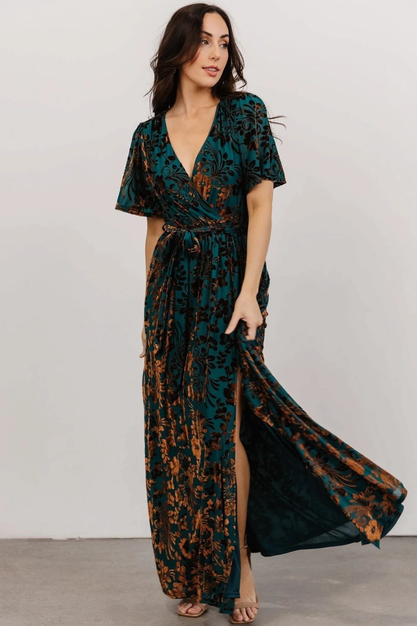 Uma Velvet Maxi Dress | Bronze + Jade