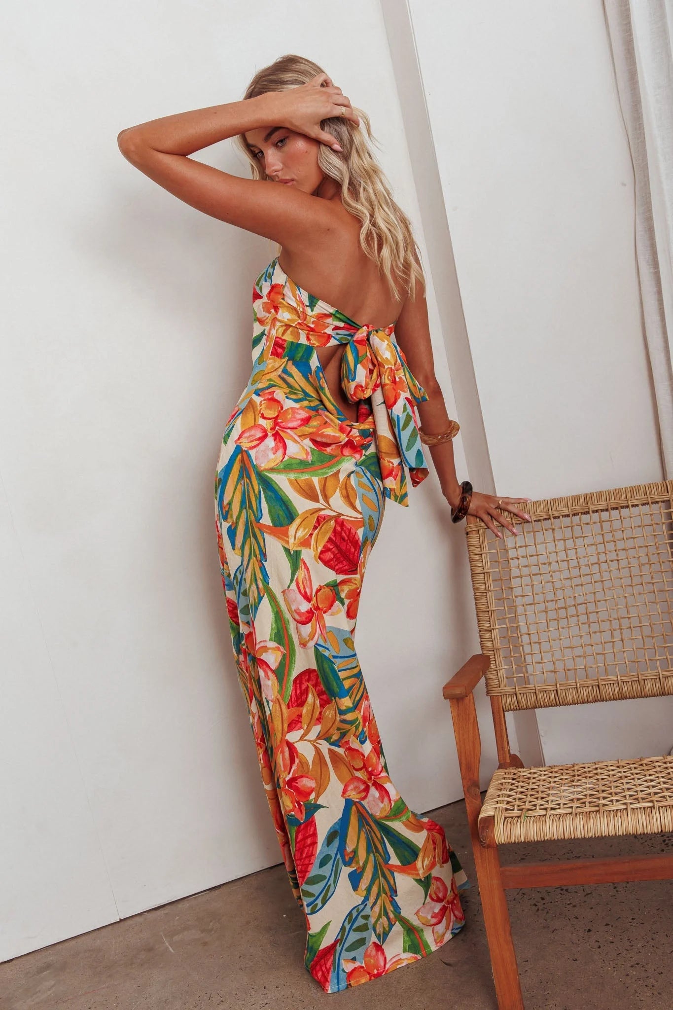 Bird Of Paradise Tied Cowl Back Maxi Dress Botanical