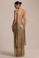 Anele | Gold Sequin High-Neck Maxi Dress With Sash And Open-Back