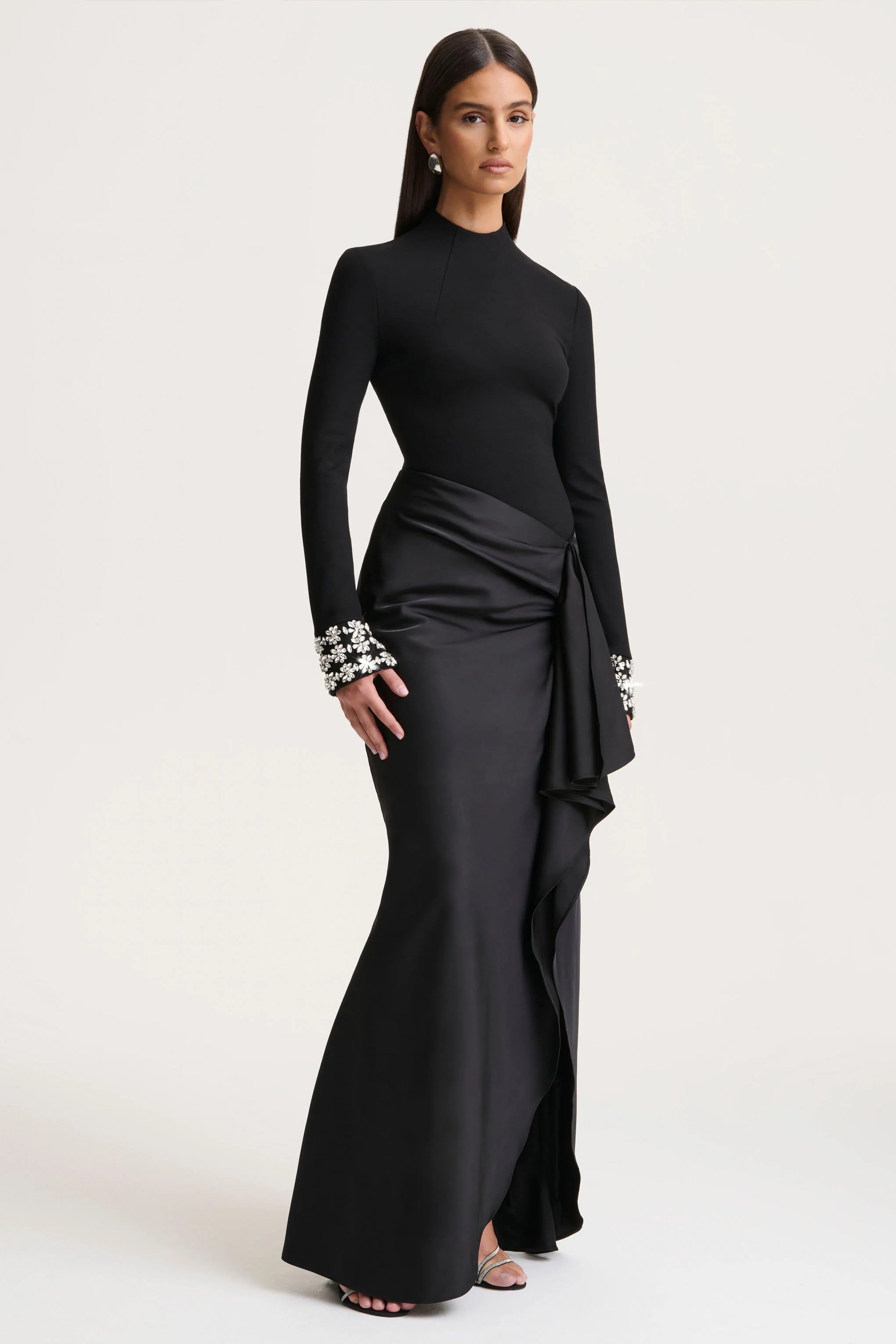 Starred | Black High-Neck Maxi Dress With Satin Wrap-Skirt And Embellished Cuffs