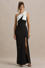 Kiri | Black & White One-Shoulder Bow Maxi Dress