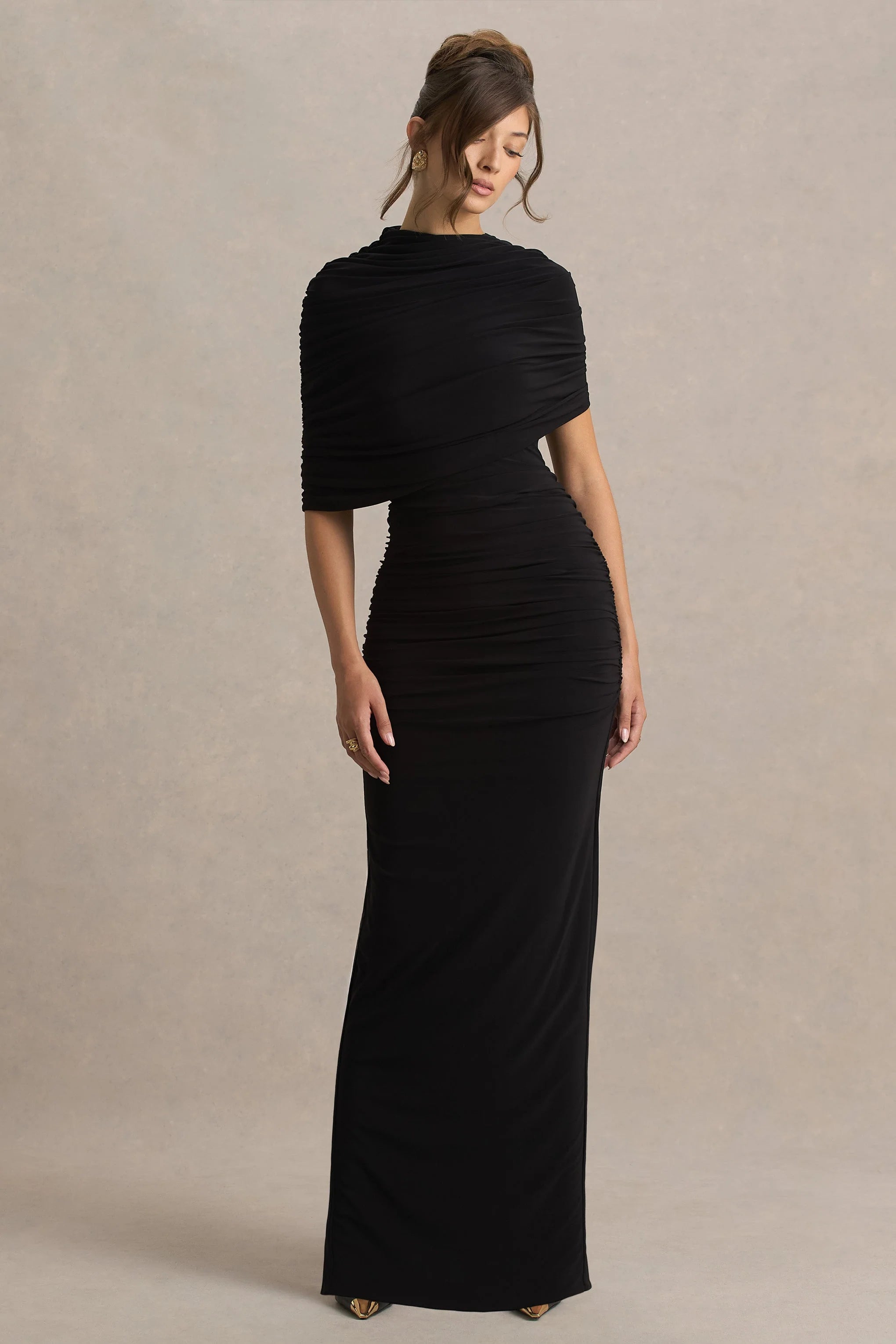 Glitz | Black High-Neck Maxi Dress With Cape Sleeve and Ruched Detail