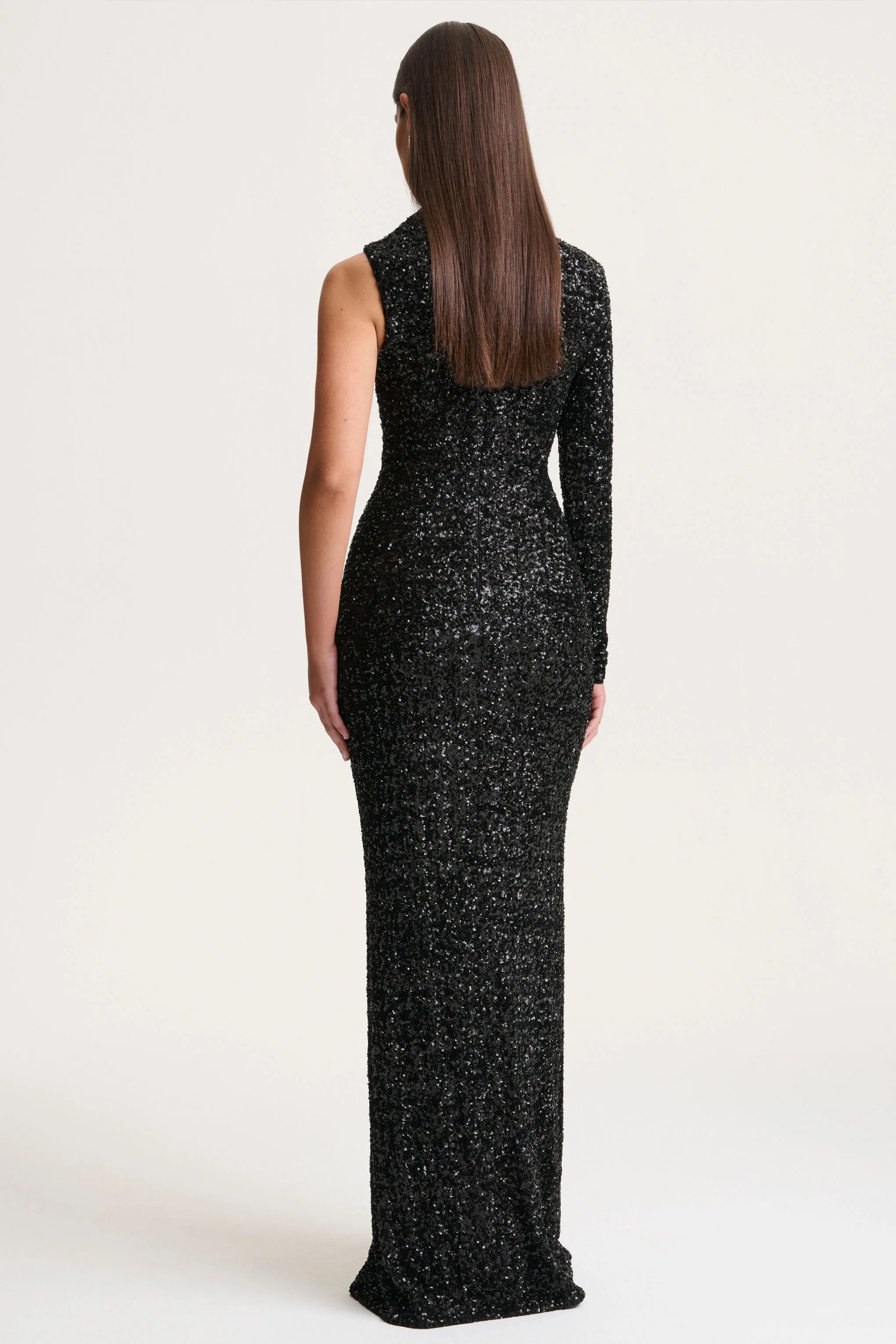 Mery | Black Sequin High-Neck Wrap Maxi Dress With One-Long Sleeve
