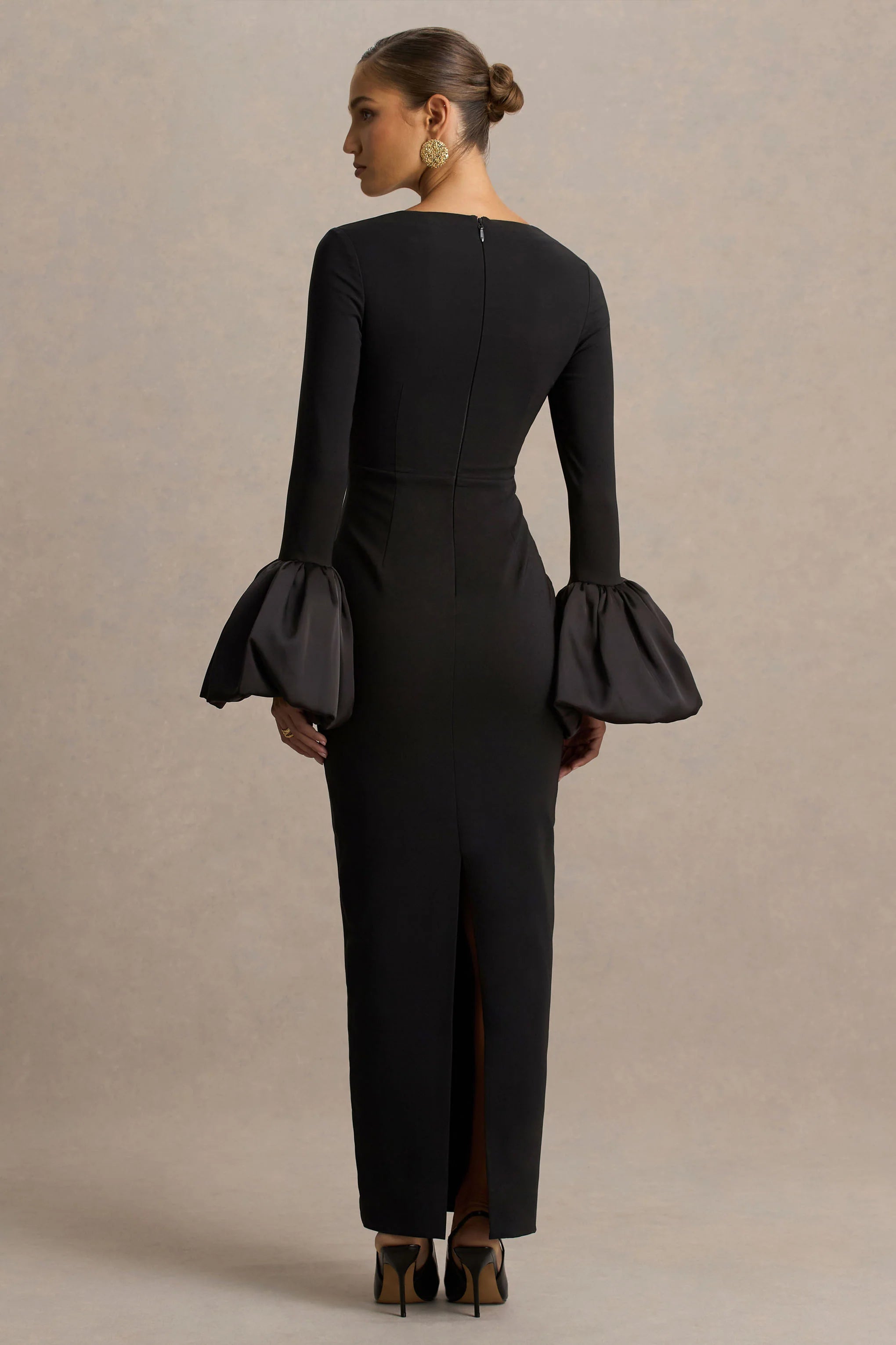 Retreat | Black Square-Neck Maxi Dress With Satin Puff-Sleeves