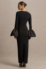 Retreat | Black Square-Neck Maxi Dress With Satin Puff-Sleeves