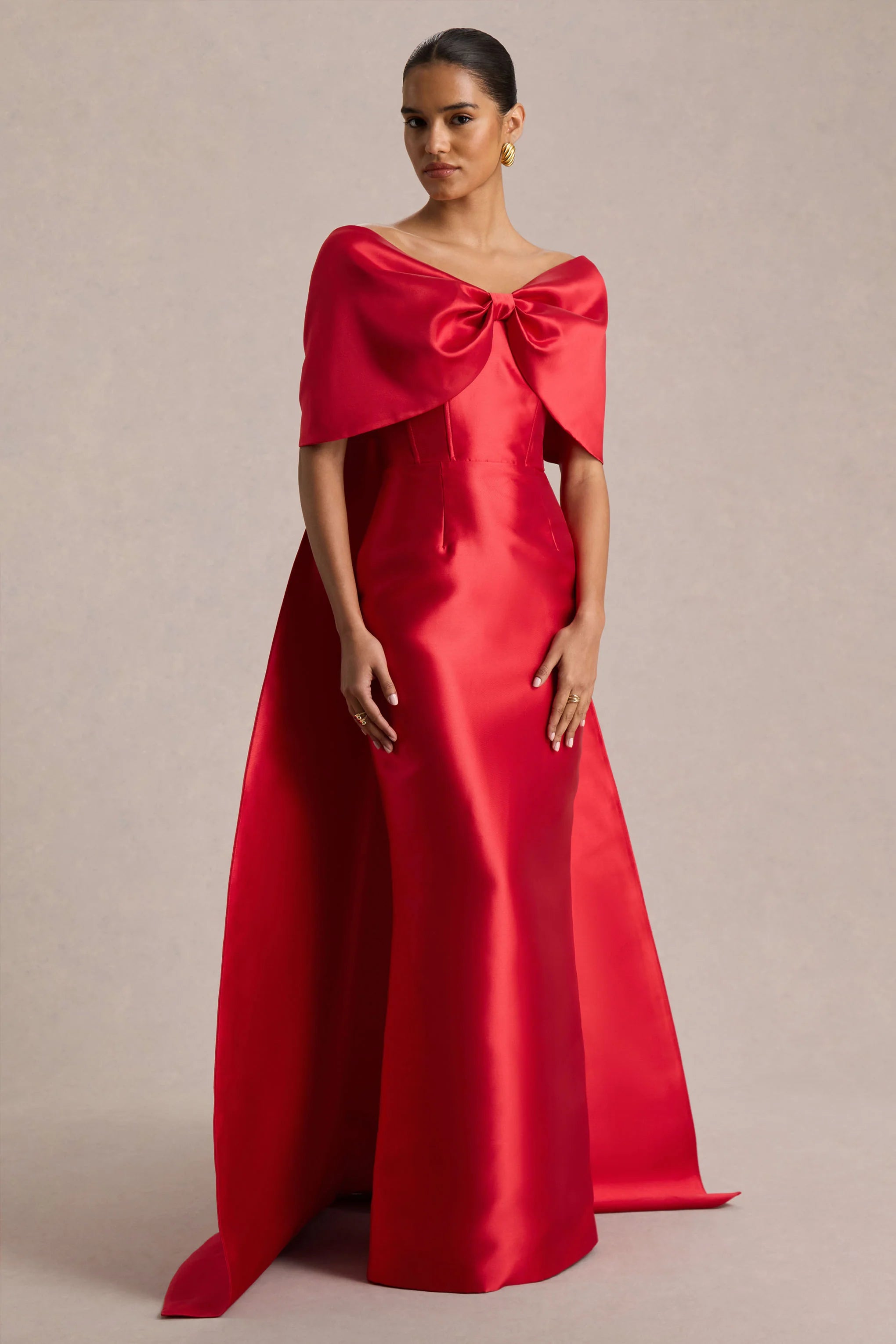 Wanting More | Red Satin Cape Maxi Dress With Oversized Bow