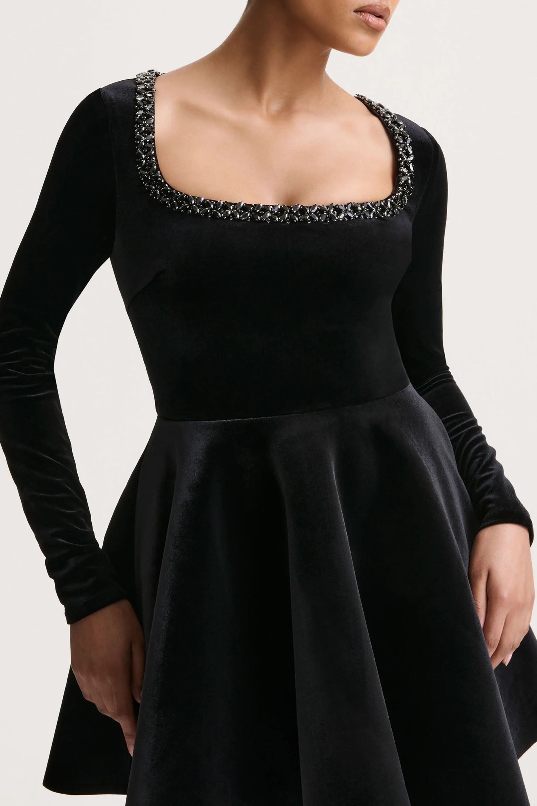 Beloved | Black Velvet Embellished Square-Neck Mini Dress