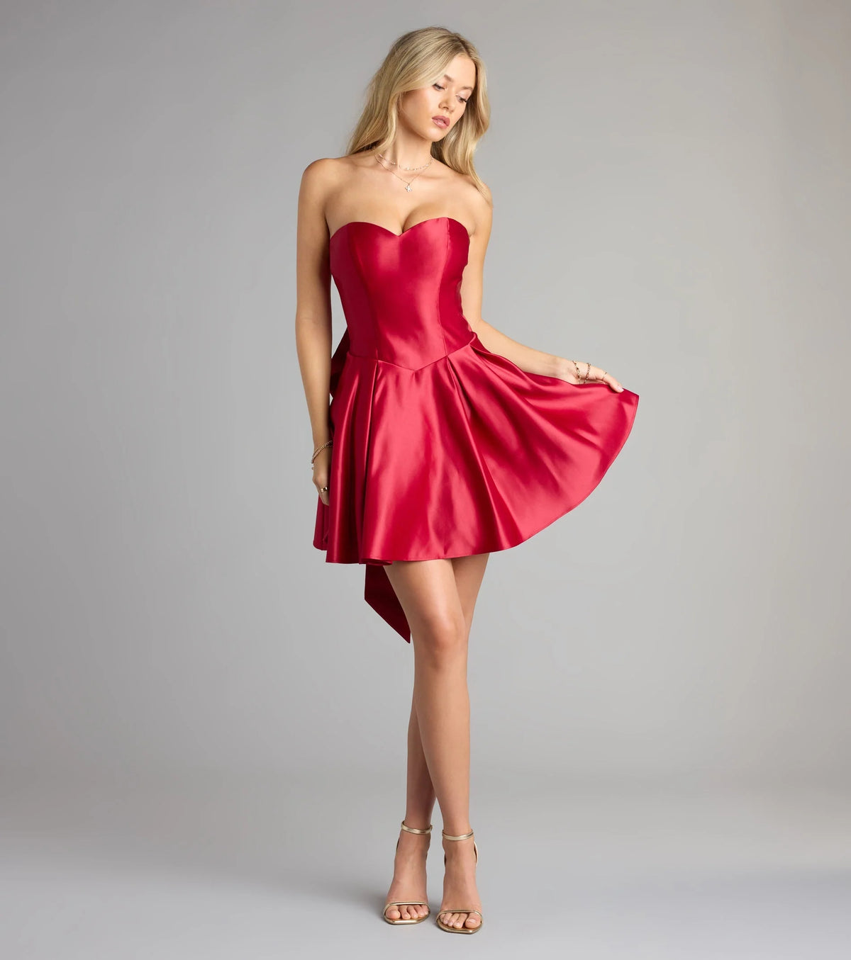 Lille Bow Back Satin Strapless Skater Dress