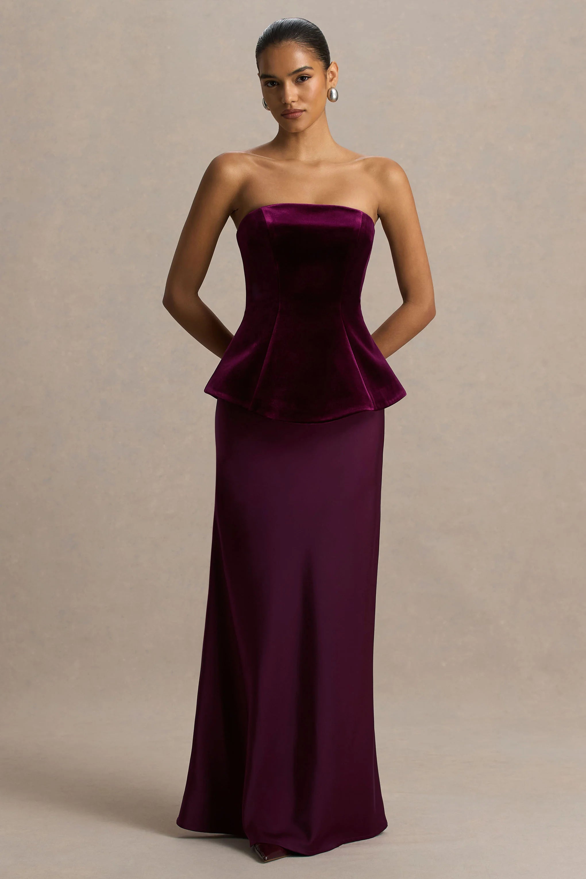 Indulgent | Burgundy Velvet And Satin Bandeau Corset Maxi Dress