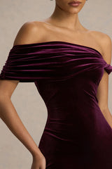 Billie | Burgundy Velvet Bardot-Neck Midi Dress With Twist-Sleeve
