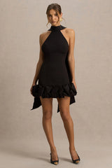 Geneve | Black Halter-Neck Mini Dress With Ruffled Trim