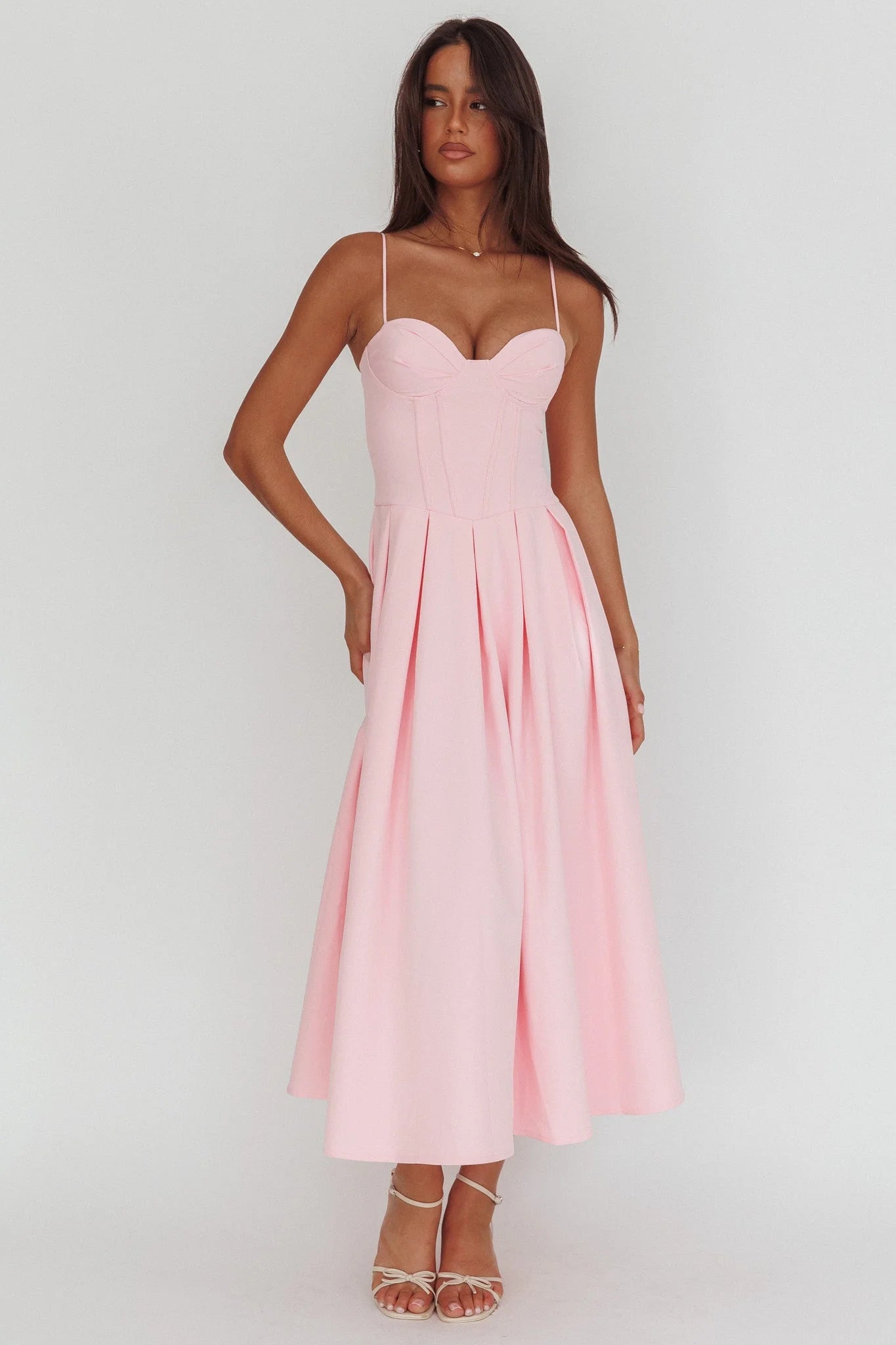 Kearsy Box Pleat Sweetheart Neckline Midi Dress Pink