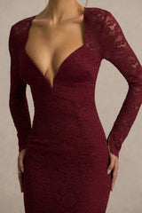 Camilly | Burgundy Lace Plunge-Neck Mermaid Midi Dress