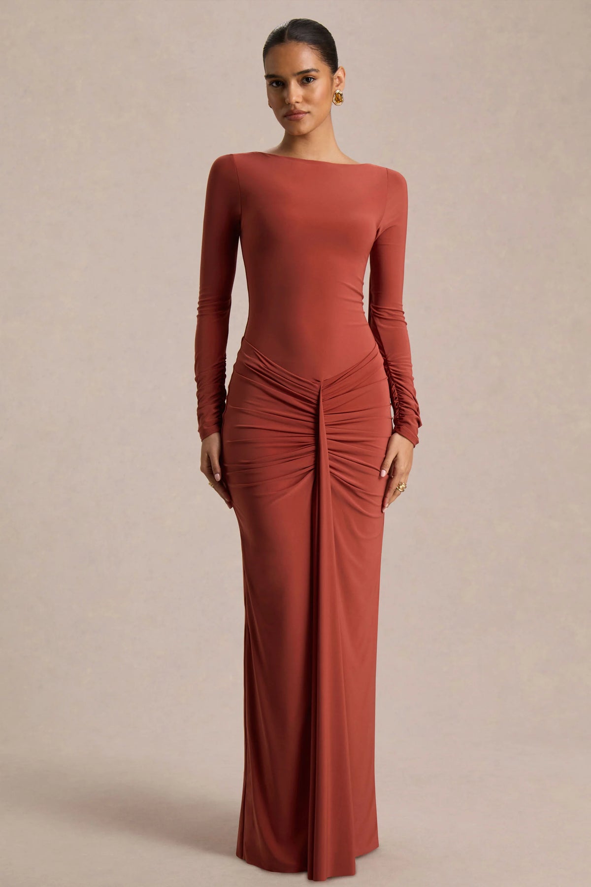 Matilda | Rust Boat-Neck Maxi Dress With Ruched Detailing