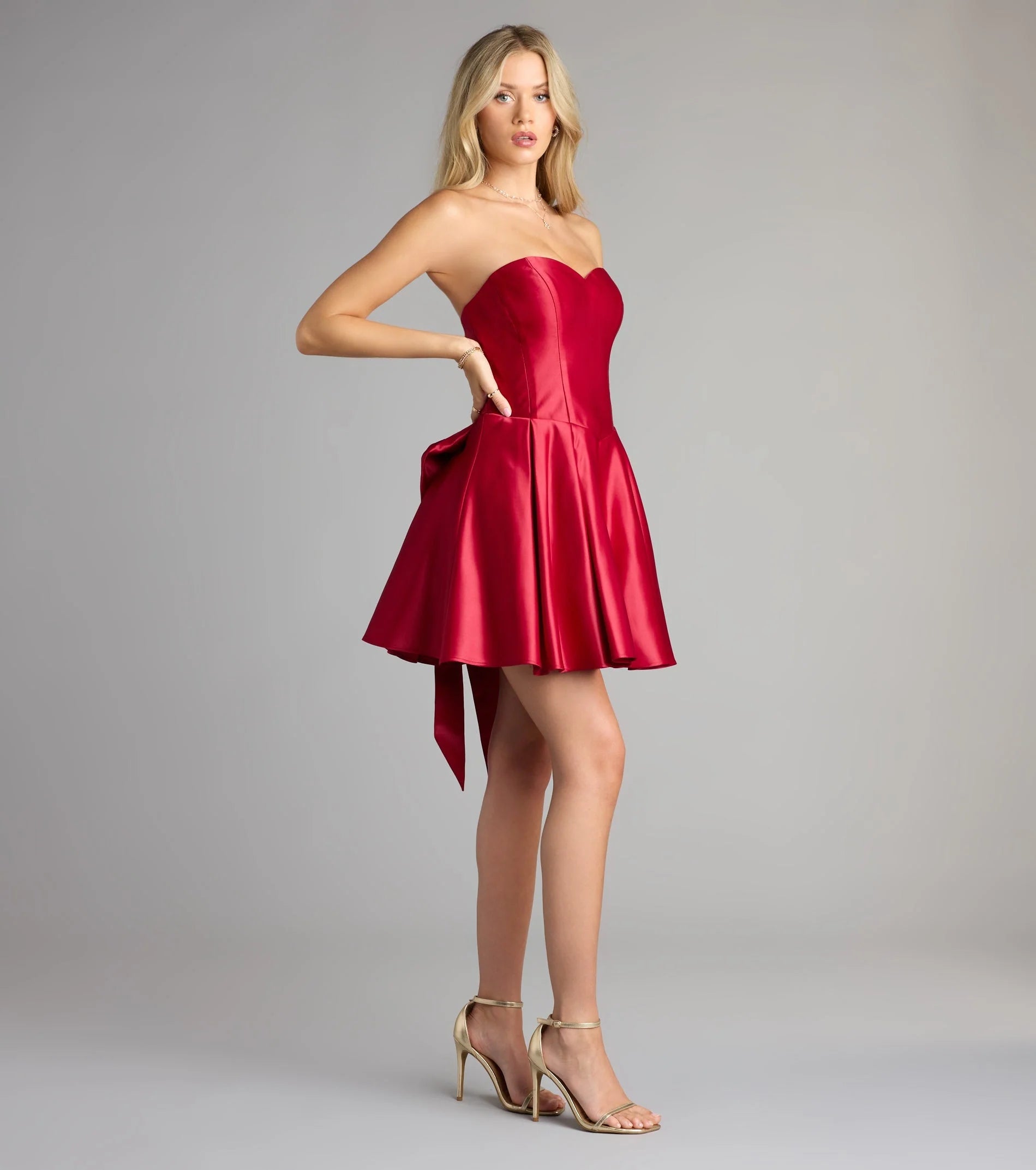 Lille Bow Back Satin Strapless Skater Dress