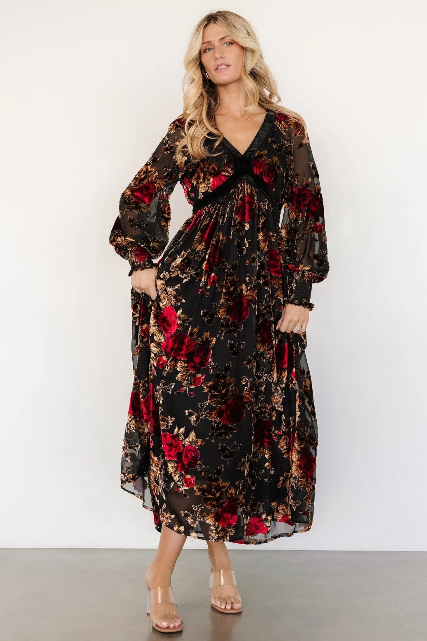 Adele Velvet Dress | Black + Rose Floral