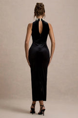 Audrine | Black Velvet Embellished High-Neck Maxi Dress