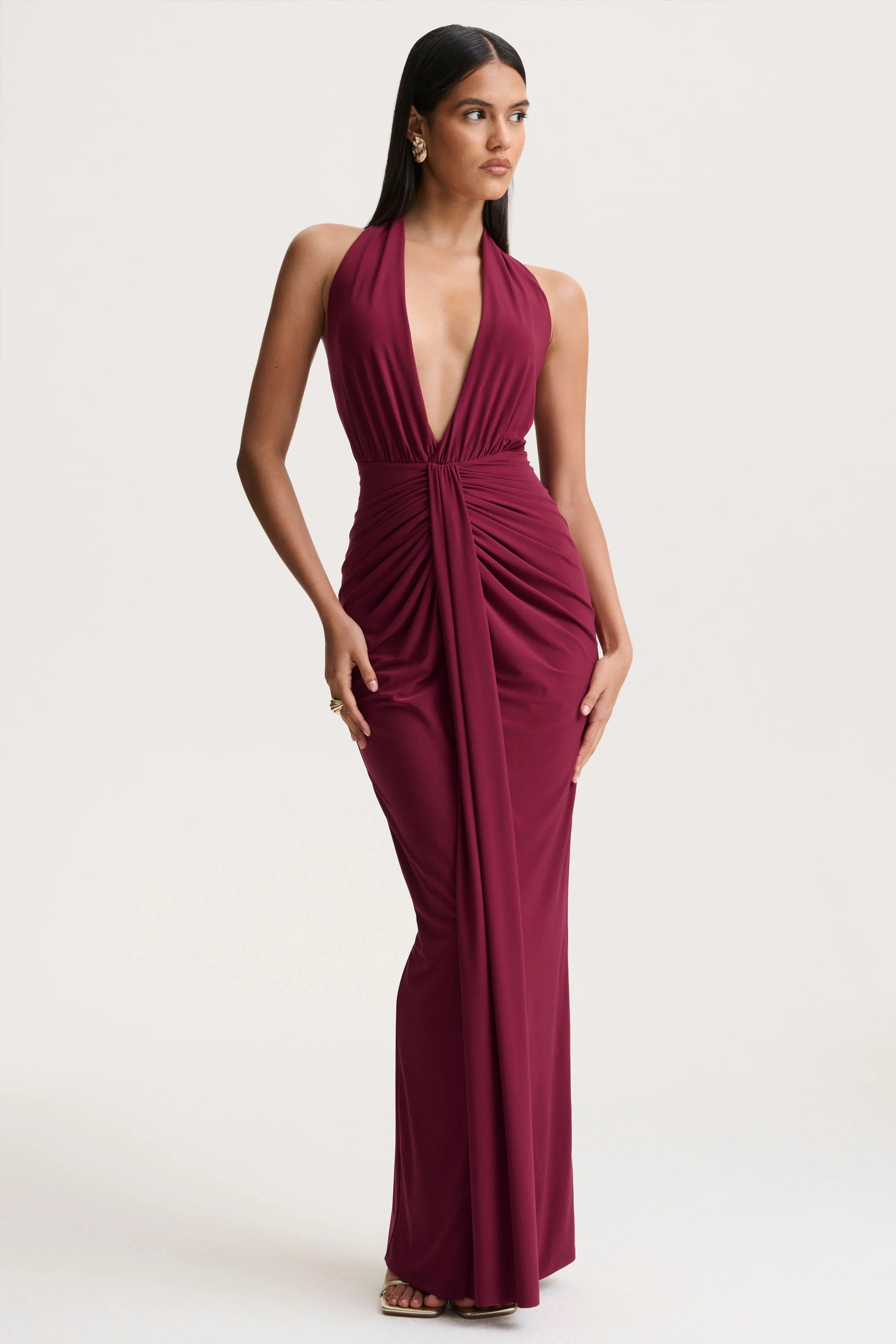 Lesley | Burgundy Plunge-Neck Maxi Dress