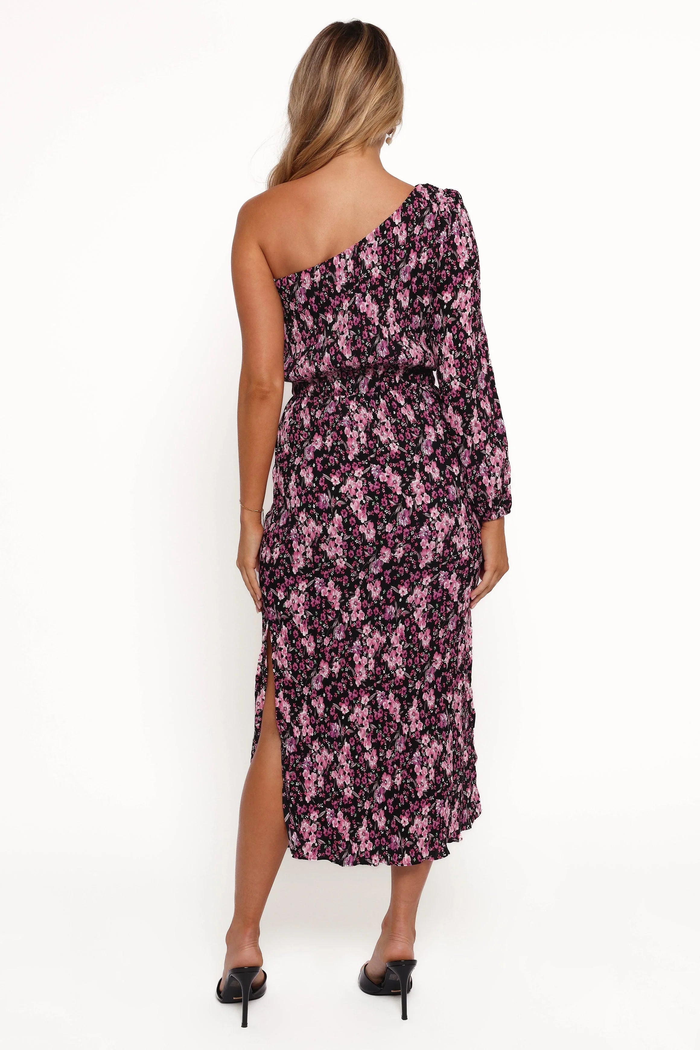 Pontee One Shoulder Pleated Midi Dress - Black/Purple