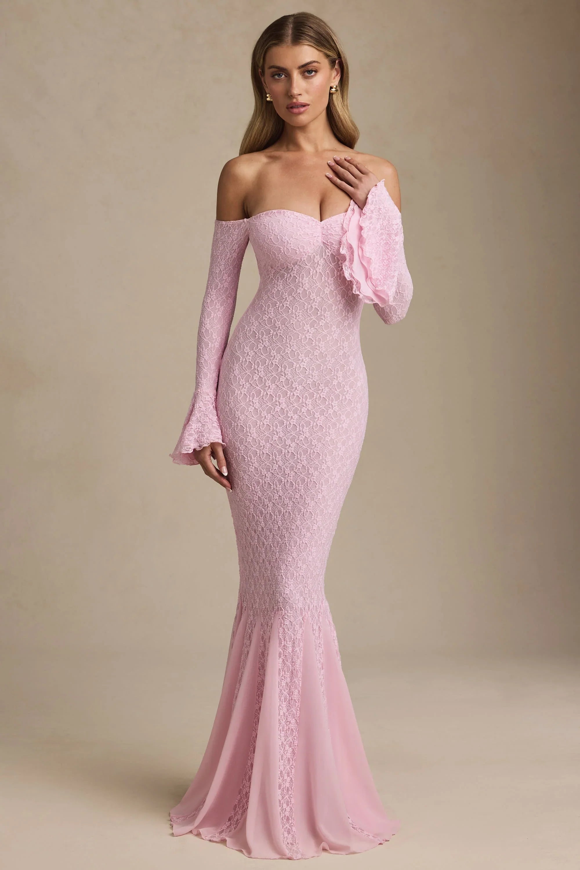 Off-Shoulder Ruffle Lace Maxi Dress in Soft Pink