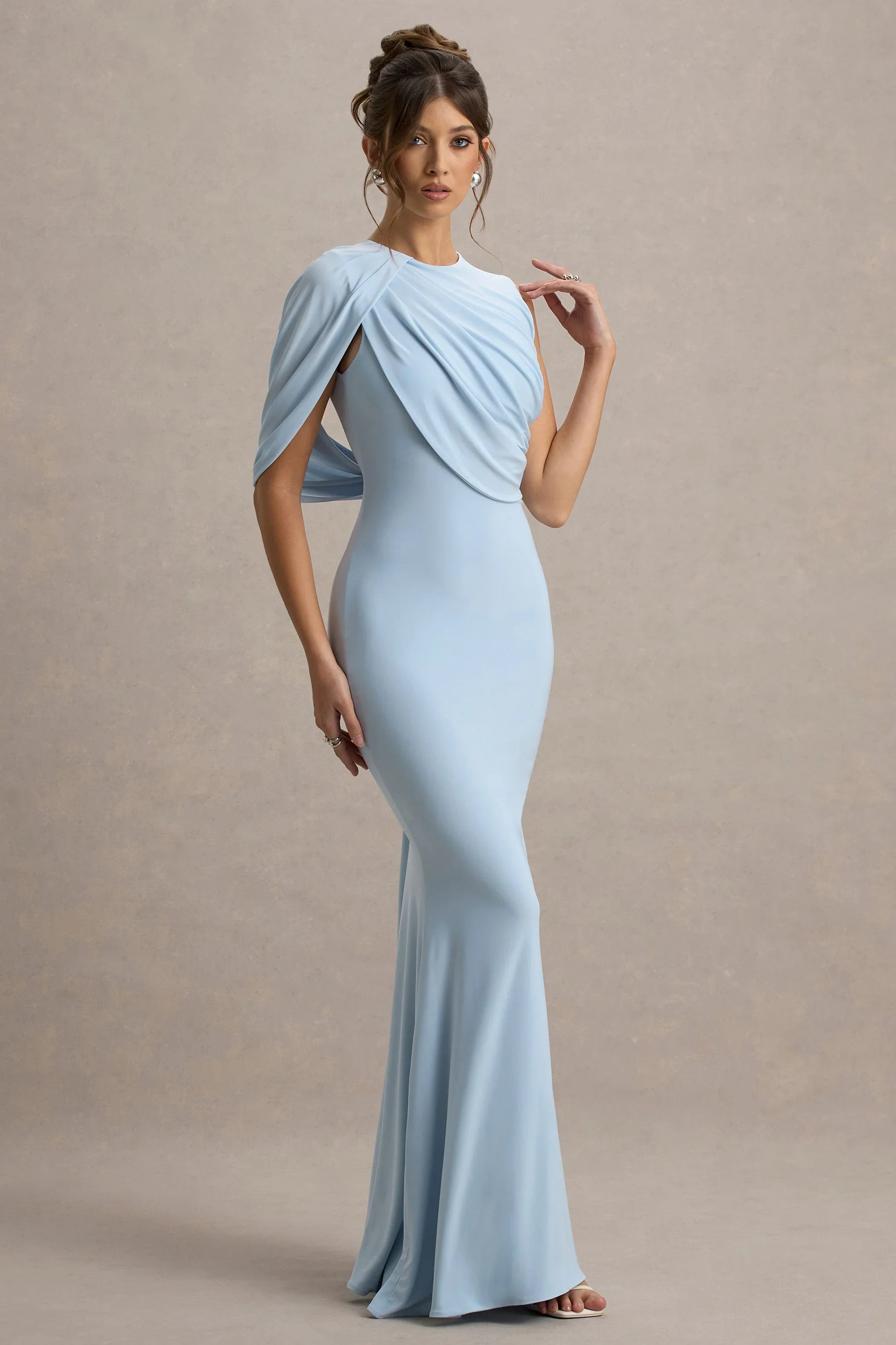 Rae | Powder Blue Maxi Dress With One-Sleeve Cape