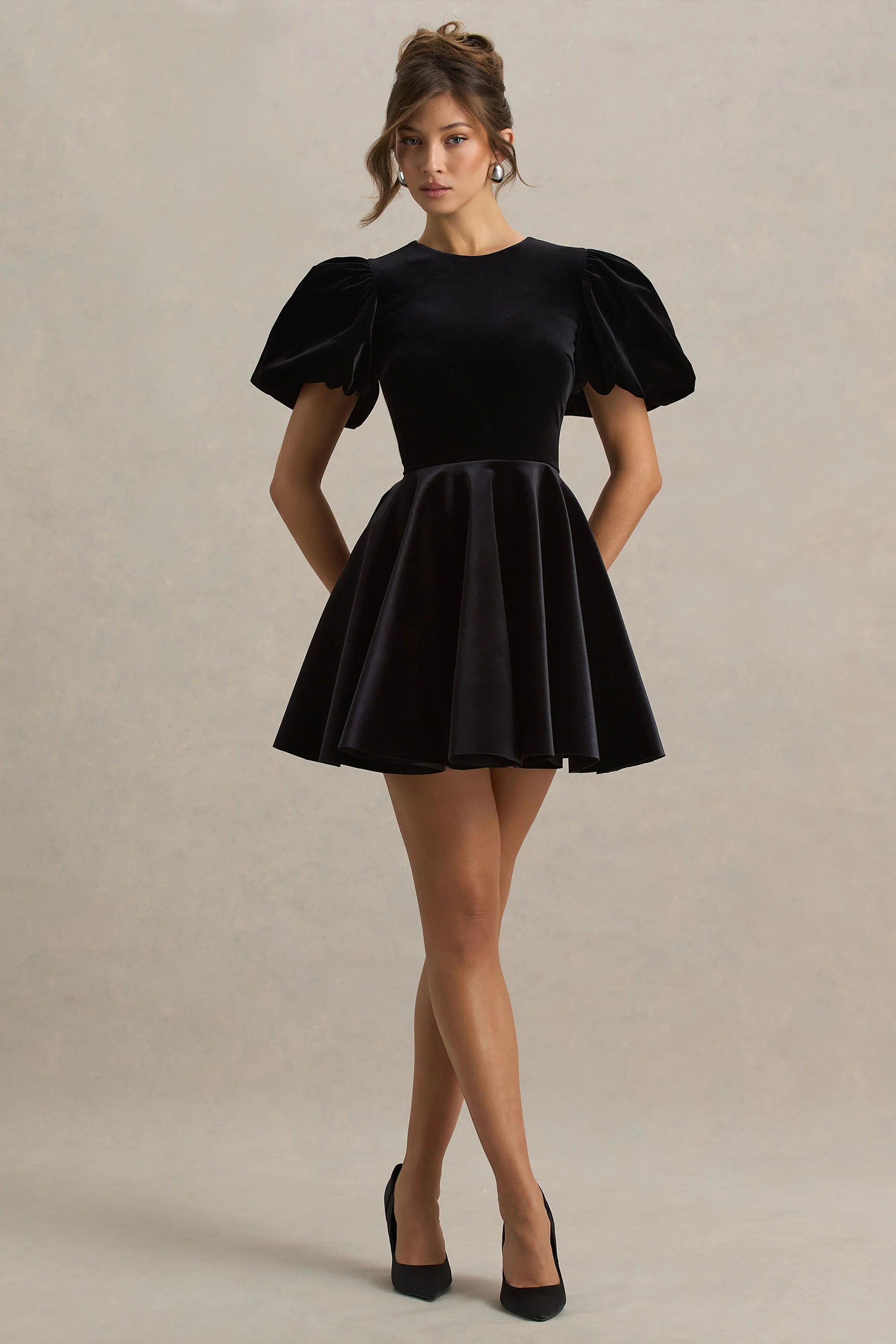 Priya | Black Velvet Mini Dress With Puff Sleeves