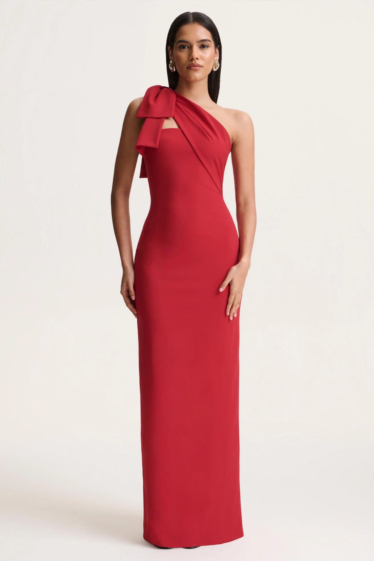 Adara | Red Asymmetric-Neck Maxi Dress With Bow-Detail
