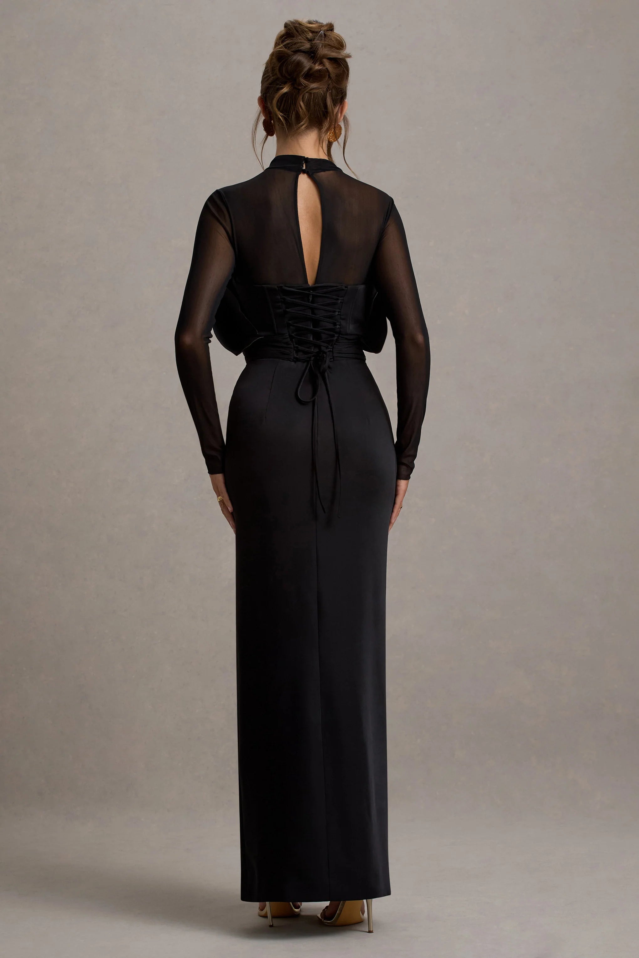 Alder | Black Mesh Long-Sleeve Ruffled Split Maxi Dress