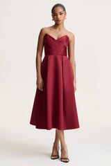 Promises | Red Satin Sweetheart-Neck Midi Dress