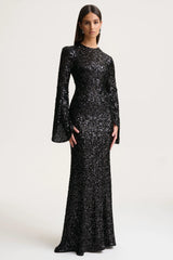 Romea | Black Sequin High-Neck Maxi Dress With Cape Sleeves