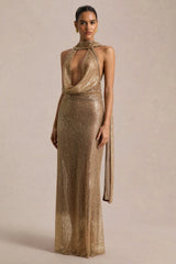 Anele | Gold Sequin High-Neck Maxi Dress With Sash And Open-Back